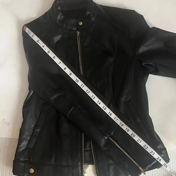 Cole Haan Black Leather Feel Biker Jacket with Gold Accents Zipper - Picture 12 of 13